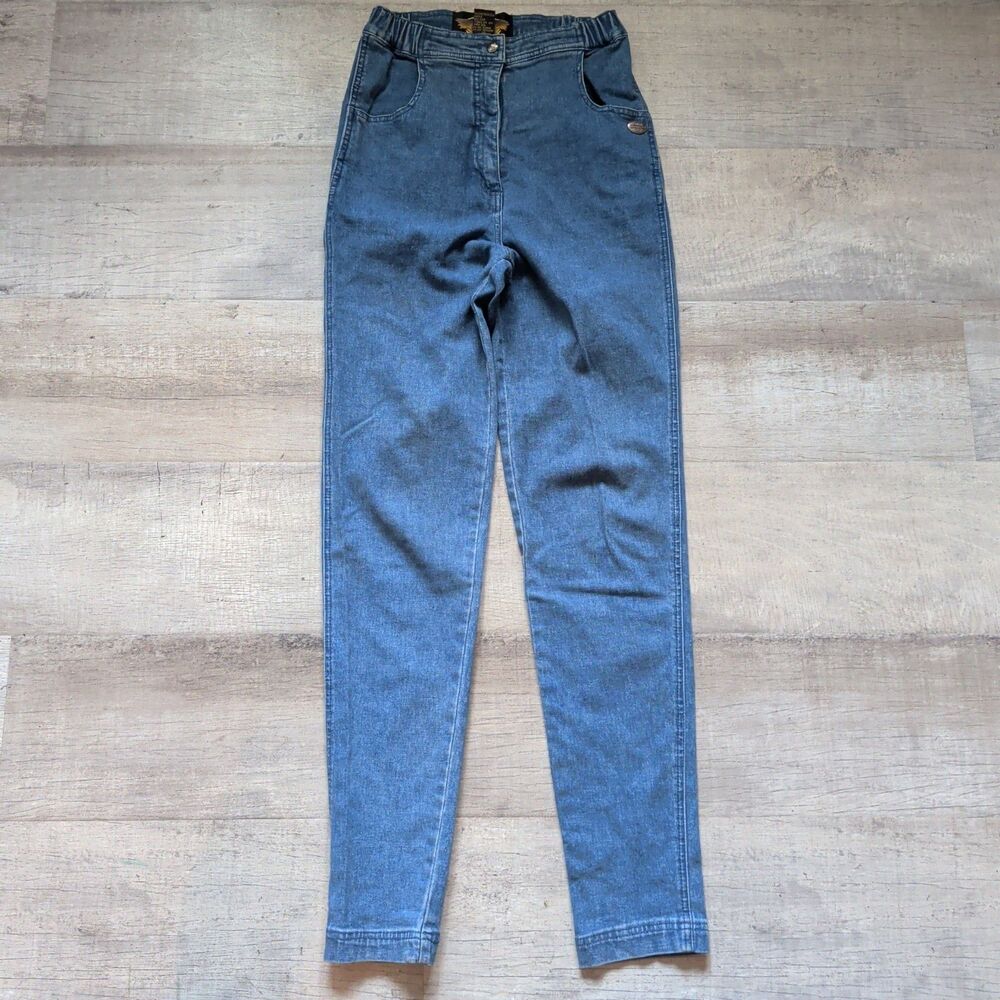 Vintage Harley Davidson Women's Elastic Waist Blue Denim Jeans Size 4 Riding